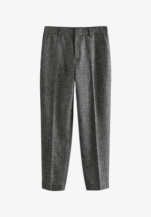 Pantalons gris texturé avec un discret motif en chevron, coupe ajustée, deux poches avant et une fermeture éclair avec bouton.