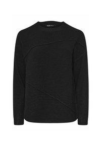 Svart stickad tröja med rund halsringning, med en texturerad randig mönstring och diagonala sömdetaljer över framsidan.