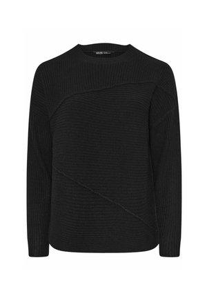 Czarny dziany sweter z okrągłym dekoltem, charakteryzujący się teksturowanym, paskowanym wzorem i ukośnymi szwami na przodzie.