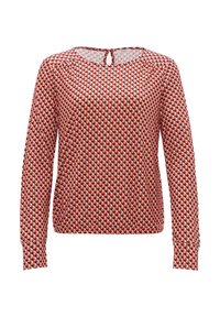 Langärmlige Bluse mit einem geometrischen Muster in Rot, Schwarz und Creme, mit rundem Ausschnitt und einer Schlüssellochöffnung auf dem Rücken. Hergestellt aus leichtem Stoff.