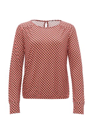 Blusa a maniche lunghe con motivo geometrico in rosso, nero e crema, con scollatura tonda e dettaglio a chiave sulla schiena. Realizzata in tessuto leggero.