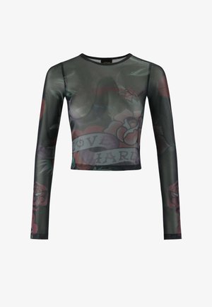 Top long-sleeve court en mesh noir avec des motifs de roses colorés et une bannière centrale portant le texte "LOVE HARD", texture lisse.