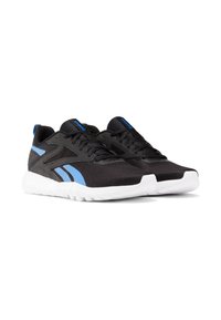 Black athletic shoes with blue accents. Mesh upper, padded collar, textured overlays, and a white rubber sole with a wave pattern.