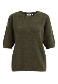 Olivgrön kortärmad tröja med rundad halsringning. Mjuk textur, lättstickad, avslappnad passform, minimal detaljering och ingen synlig hårdvara.