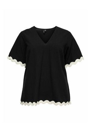 Sort kortærmet V-hals top med hvide bølgede kanter på ærmekanter og kant, løs pasform og ensfarvet stof.