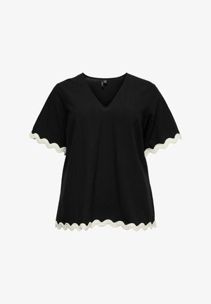 Zwart kort mouw T-shirt met V-hals, witte geschulpte rand langs de mouwzomen en de zoom, losse pasvorm en effen stoftextuur.