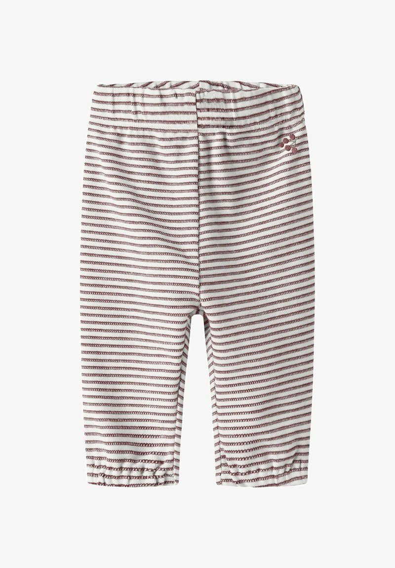 Leggings blancs pour bébé avec de fines rayures horizontales bordeaux et des poignets élastiques, ornés d'une petite broderie florale près de la taille.