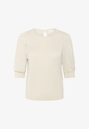 Lühikeste varrukatega kreemjas värvi pullover-sviiter, millel on tekstuuriga kangas, kerge puffvarrukad ja võtmeauguga seljaosa disain.
