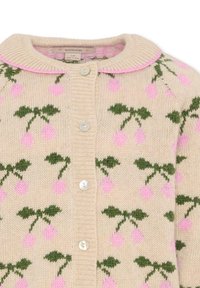 Dzianinowy kardigan w kremowym kolorze o miękkiej fakturze, zdobiony różowym wzorem kwiatów wiśni i zielonymi liśćmi. Zapinany na jasne guziki.