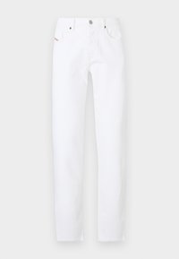 White denim jeans with a straight-leg fit, featuring a classic five-pocket design and metal button closure. Minimalistic style with no patterns.