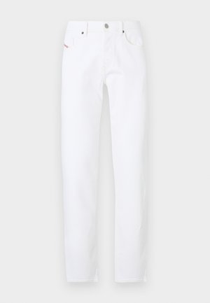 Weiße Denim-Jeans mit geradem Bein, ausgestattet mit einem klassischen Fünf-Taschen-Design und einem Metallknopfverschluss. Minimalistischer Stil ohne Muster.