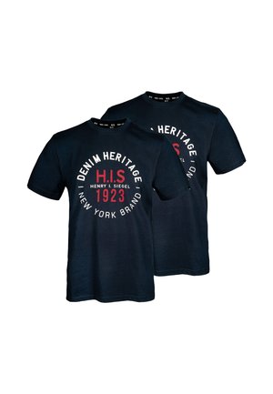 Navy blue short-sleeve t-shirt made of cotton, featuring round neckline and white/red graphic text: “DENIM HERITAGE H.I.S 1923.”