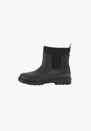 Botas de lluvia negras hasta el tobillo con parte superior de goma y caña de textil, diseño de tipo slip-on, suela texturizada y detalle del logo en el lateral.