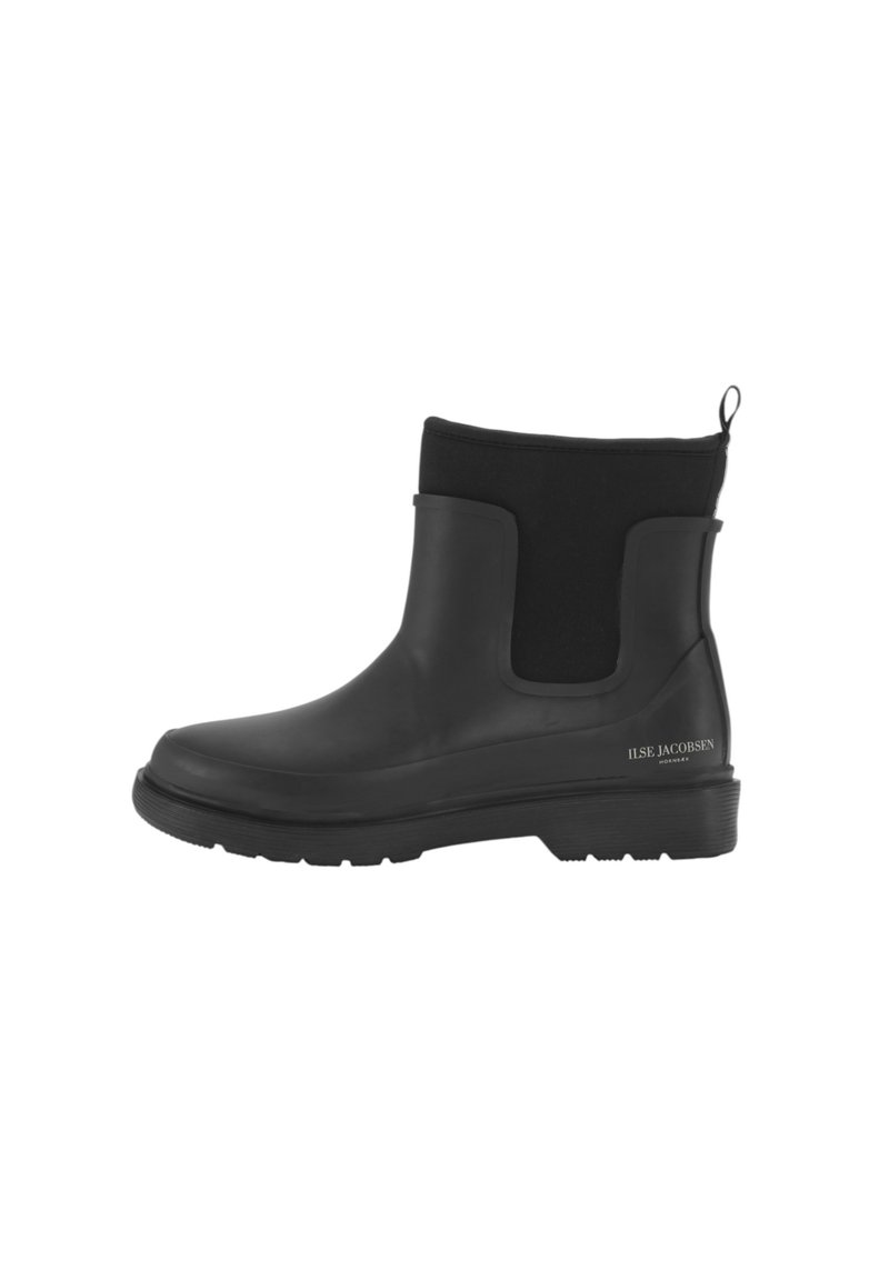 Botas de lluvia negras hasta el tobillo con parte superior de goma y caña de textil, diseño de tipo slip-on, suela texturizada y detalle del logo en el lateral.