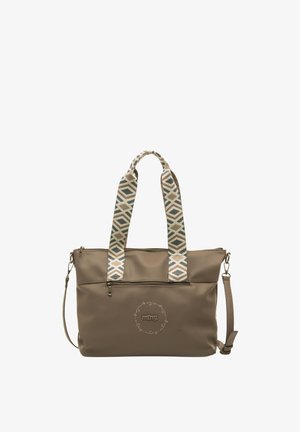 Borsa tote in finta pelle marrone con manici in tessuto decorato, chiusura con zip, tasca frontale e tracolla regolabile. Logo sul davanti.