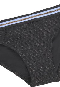 Μαύρο κάτω μέρος μπικίνι με δομημένη επιφάνεια, με ζώνη σε ανοιχτό μπλε και μεταλλικό μπρονζέ χρώμα. Λείος εσωτερικός επενδύτης.