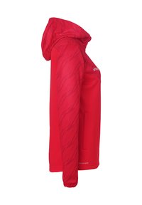 Red pullover hoodie with a textured pattern, kangaroo pocket, and logo detail. Features a relaxed fit and adjustable drawstring hood.