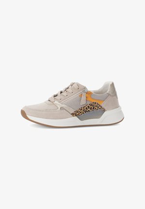 Light beige sneaker with suede, mesh, and leopard print accents. Features a rubber sole, round toe, and contrasting metallic details.