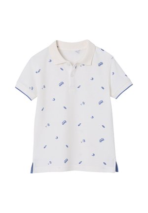 Weißes Polohemd mit kurzen Ärmeln und blauen, tropisch inspirierten Motiven wie Palmen, Surfbrettern und Vans, mit Kragen und drei Knöpfen.