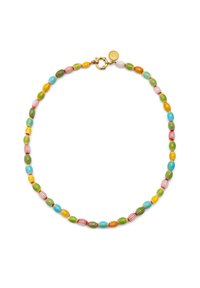 Collar de cuentas multicolores que presenta cuentas en forma ovalada de color verde, azul, rojo, amarillo y rosa con patrones a rayas y un cierre dorado.