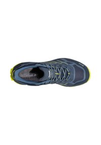 Trailrunning-Schuh in Marineblau mit limettengrünen Akzenten, ausgestattet mit einem Mesh-Obermaterial, einer strukturierten Sohle und einer verstärkten Zehenkappe für Haltbarkeit.