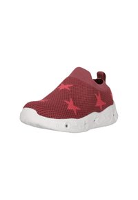Røde mesh slip-on sko med hvid gummisål, der har pink stjernemønstre og en struktureret overdel. Pull-tab bagpå for nem påtagning.