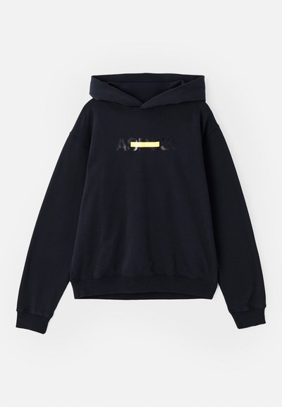 Navy hooded sweatshirt made of cotton blend. Features a printed logo with yellow accent. Loose fit, ribbed cuffs and hem.