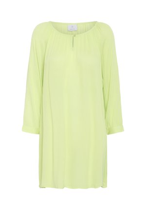 Šviesiai geltona, pusiau permatoma tunika su ilgomis rankovėmis, apvalia iškirpte ir mažomis mygtukų detalėmis priekyje. Minkšta, plaukianti medžiaga.