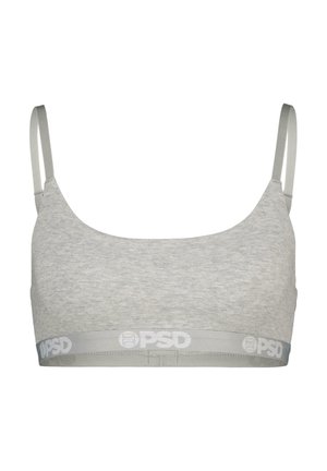 Siva bralette od mekog, teksturiranog materijala. Ima tanke podesive naramenice i odgovarajući logo pojas na dnu s suptilnim sjajem.