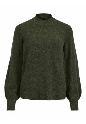 Tummanvihreä neulottu paita, jossa korkea pyöreä kaulus, pitkät pöhöttyneet hihat sekä resorit hihansuissa ja helmassa.