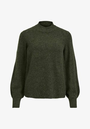 Jersey de punto verde oscuro con cuello redondo alto, mangas largas abullonadas y puños y bajo acanalados.