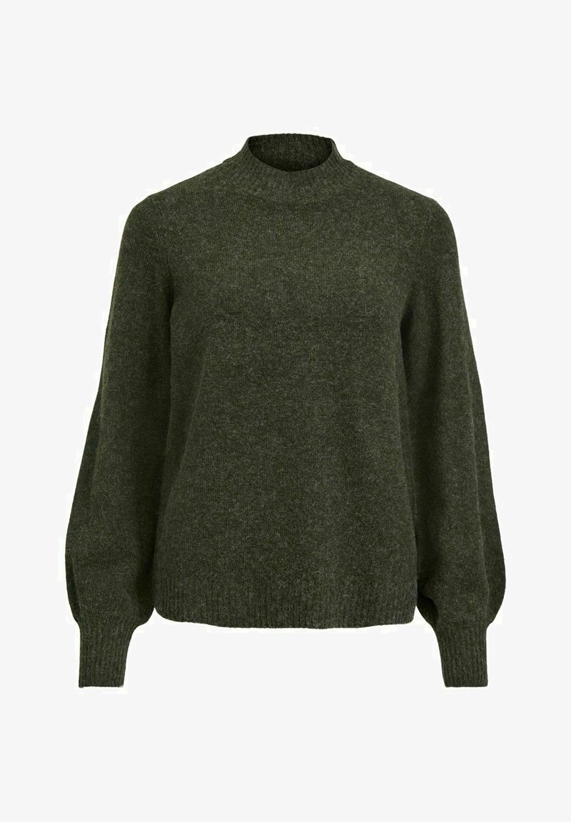 Pull tricoté vert foncé avec un col rond haut, des manches longues bouffantes et des poignets et un ourlet côtelés.