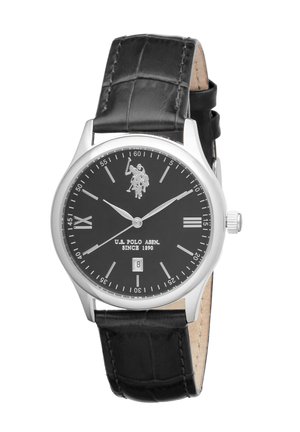 Orologio da polso da uomo U.S. Polo Assn. con cinturino in pelle nera, quadrante nero, cassa argentata, finestra per la data e logo del giocatore di polo alle 12.