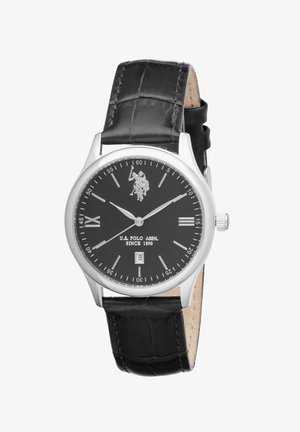 Montre-bracelet pour hommes U.S. Polo Assn. avec bracelet en cuir noir, cadran noir, boîtier argenté, fenêtre de date et logo de joueur de polo à 12 heures.