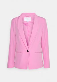 Roze op maat gemaakte blazer met enkele zwarte knoopsluiting, sjaalkraag, lange mouwen en twee voorste weltzakken, van binnen gevoerd.