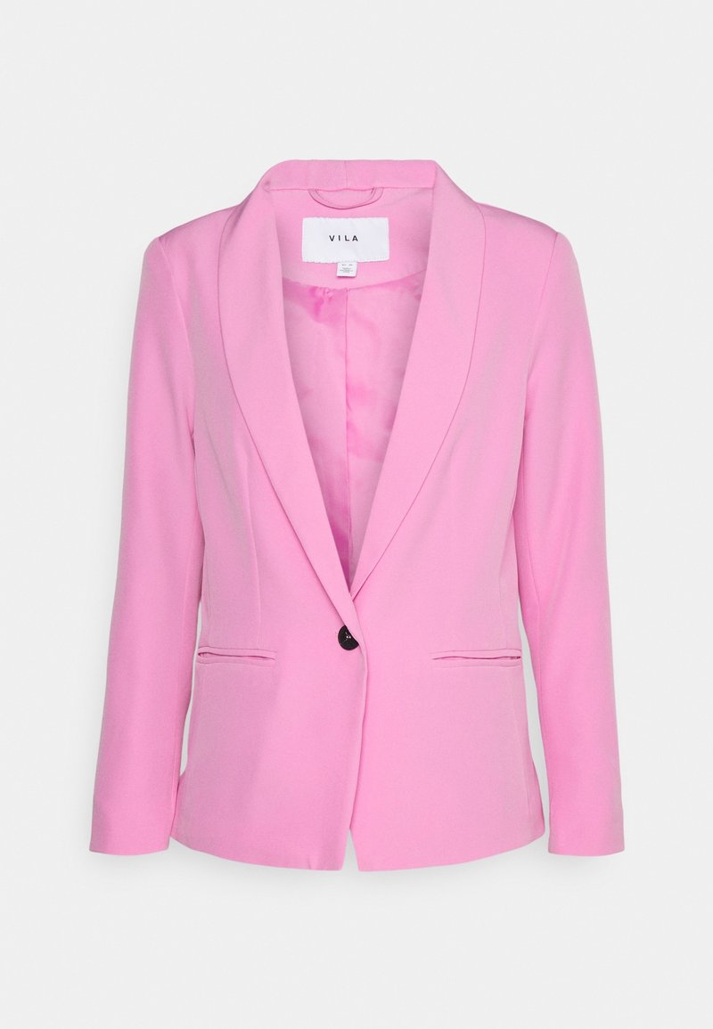 Roze op maat gemaakte blazer met enkele zwarte knoopsluiting, sjaalkraag, lange mouwen en twee voorste weltzakken, van binnen gevoerd.