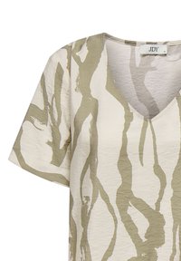 Beige short-sleeve top with a V-neckline, featuring abstract olive green stripes. Made from textured fabric, it has a loose fit.