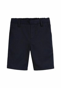 Navy blue shorts made of textured fabric, featuring front pockets, a standard waistband with belt loops, and a straight cut.
