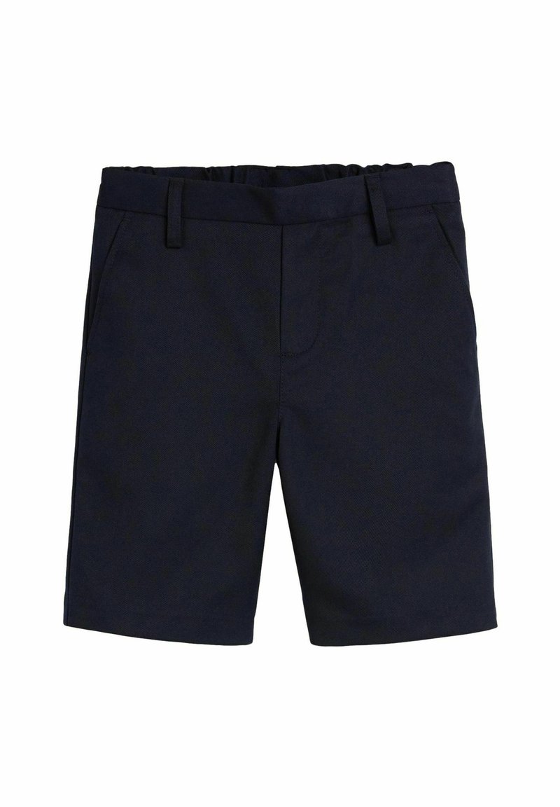Navy blue shorts made of textured fabric, featuring front pockets, a standard waistband with belt loops, and a straight cut.
