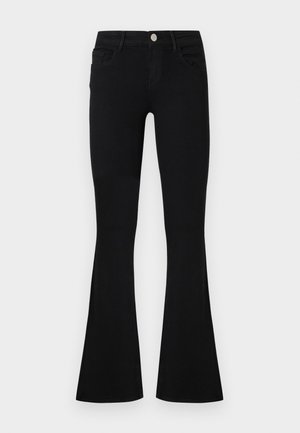 Black flared jeans made from denim. Features front pockets, a zip fly, and a button closure. Smooth texture with a fitted waist and flared legs.