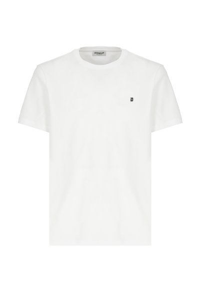 T-shirt bianco in cotone con collo rotondo, maniche corte e un piccolo logo 'D' nero sul petto. Texture morbida, vestibilità classica.
