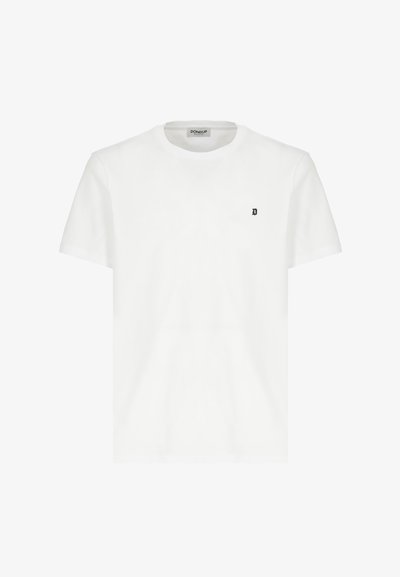 T-shirt bianco in cotone con collo rotondo, maniche corte e un piccolo logo 'D' nero sul petto. Texture morbida, vestibilità classica.