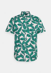 Camicia a maniche corte con bottoni, con un motivo di foglie tropicali verdi su uno sfondo rosa chiaro e una tasca sul petto anteriore.