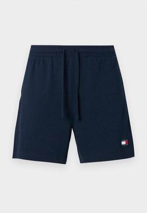 Tmavomodré športové šortky z textúrovaného materiálu, s elastickým pásom s šnúrkou a logom na leme.