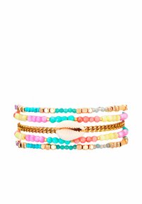 Colorful beaded bracelet featuring multiple strands with pastel beads, gold accents, and a central white shell detail.