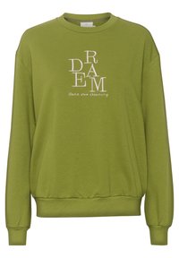 Groene crewneck trui met geborduurde letters "DREAM" in het wit en de frase "Don't stop dreaming" eronder. Gemaakt van zachte stof.