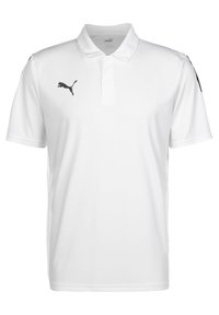 Polo bianco realizzato in tessuto leggero con colletto. Presenta un logo nero sul petto sinistro e accenti neri sulle spalle.