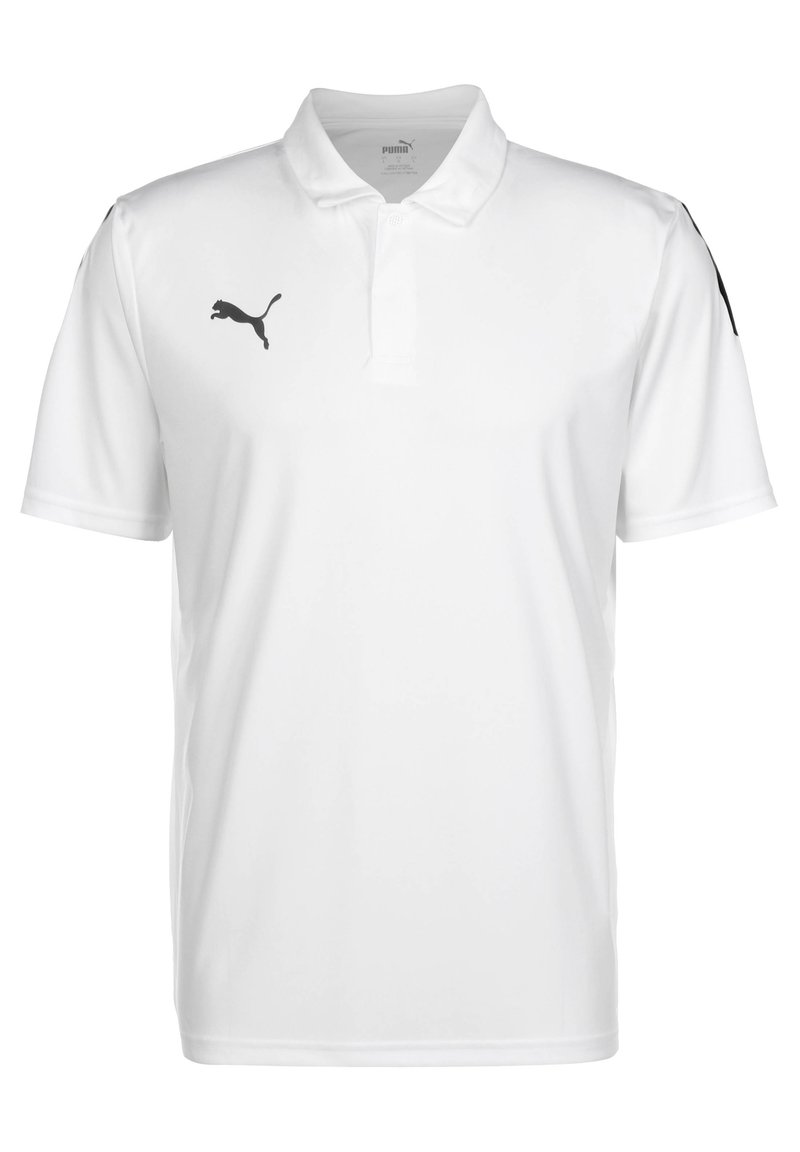 Polo bianco realizzato in tessuto leggero con colletto. Presenta un logo nero sul petto sinistro e accenti neri sulle spalle.