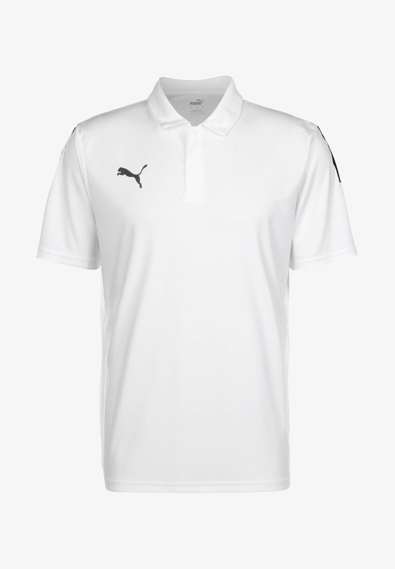 Weißes Polohemd aus leichtem Stoff mit Kragen. Verfügt über ein schwarzes Logo auf der linken Brust und schwarze Akzente an den Schultern.