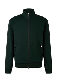 Mørkegrøn zip-jakke med høj krave, to lynlåslommer i siden, ribbede manchetter og kant, vist på en hvid baggrund.